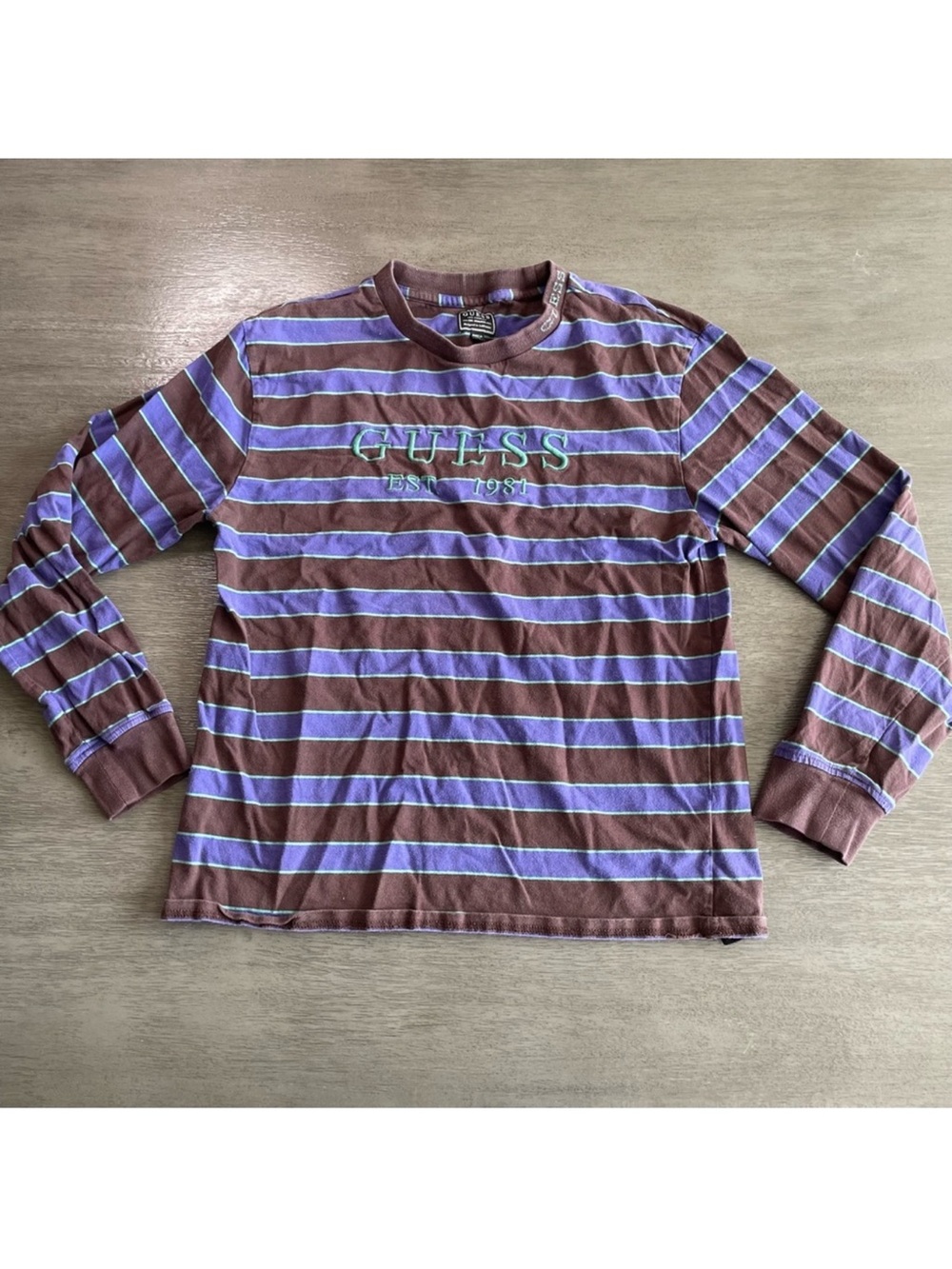 Vintage GUESS Brown & Lavender Striped Long Sleeve Tee with Logo